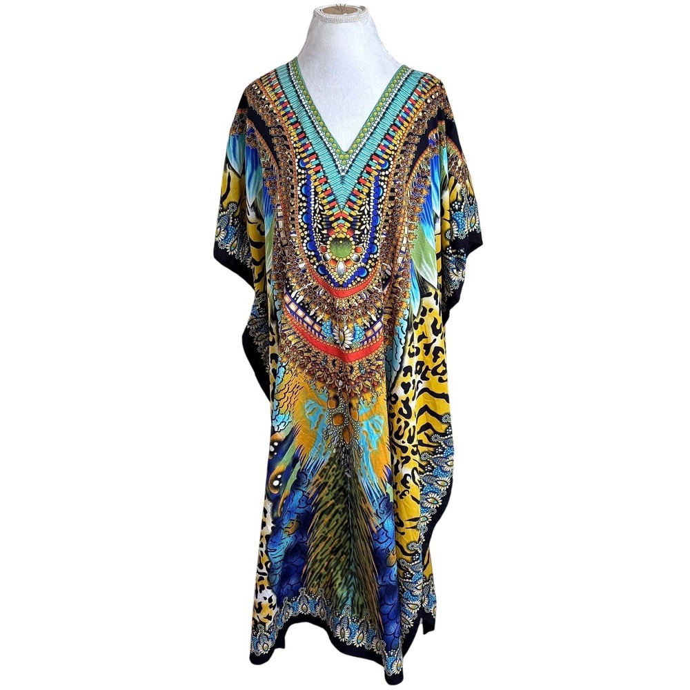 Winlar Womens MuuMuu Kaftan Maxi Dress One Size Animal Print Satin Lounger Boho